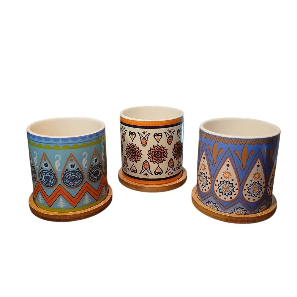 Set of 3 BOHO Ceramic w/Teakwood Saucers Colorful Succulent Window Planters 3